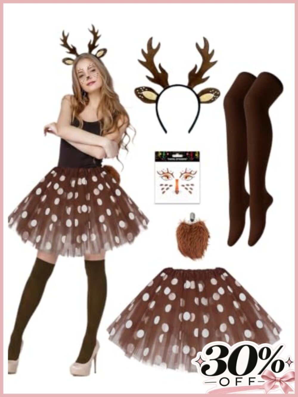 5 Pc Women Deer Costume Set Polka Dot Tutu Skirt Antlers Tail Socks